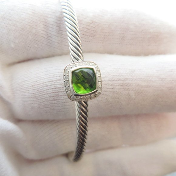 David Yurman Sterling Silver & Diamond Station Peridot Noblesse Bracelet Bangle - Picture 3 of 4
